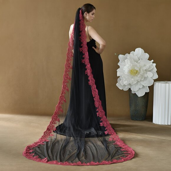 BRIDELLA BM126-B Vintage Burgundy Lace Decorated Bridal Veil,All Products : American Fashion Style Bags On Sale